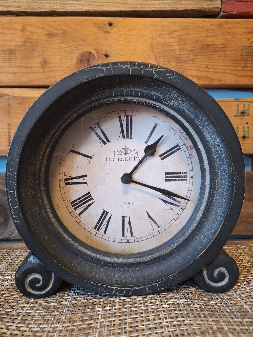 French Country "Hotel Du Parc 1921" Distressed Tabletop Mantel Clock